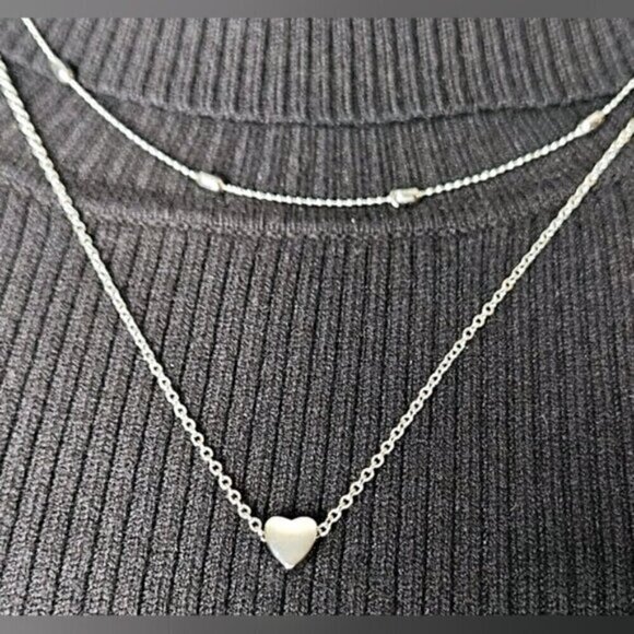Silver Tone Love Heart Layered Choker Necklace Simple Beads Pendant - Picture 4 of 5